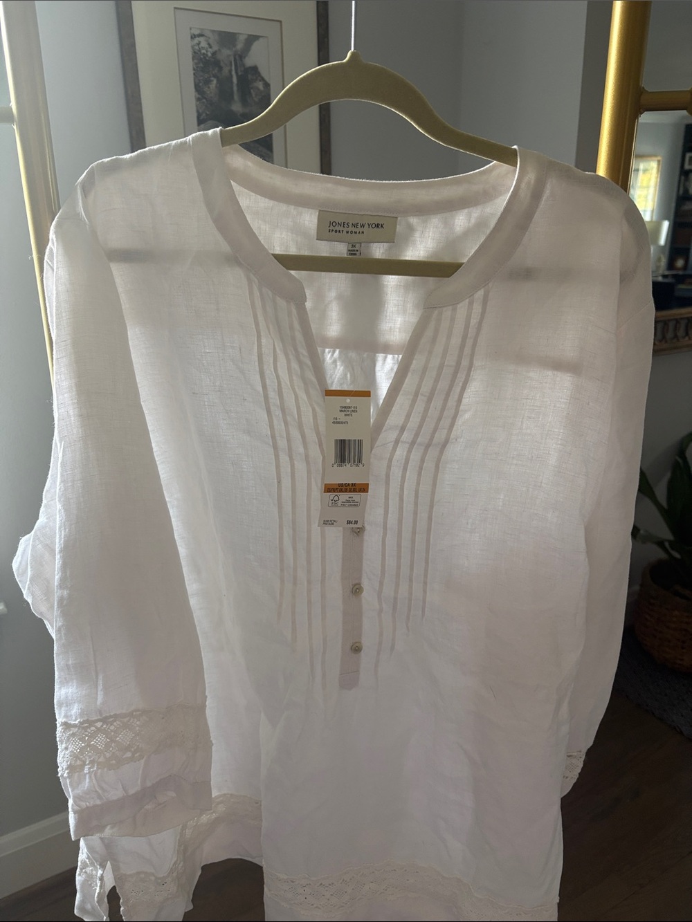 Jones New York White Linen Pintuck Tunic Blouse